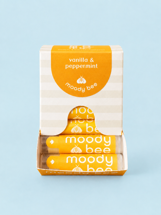 vanilla peppermint, the original moody bee lip balm.